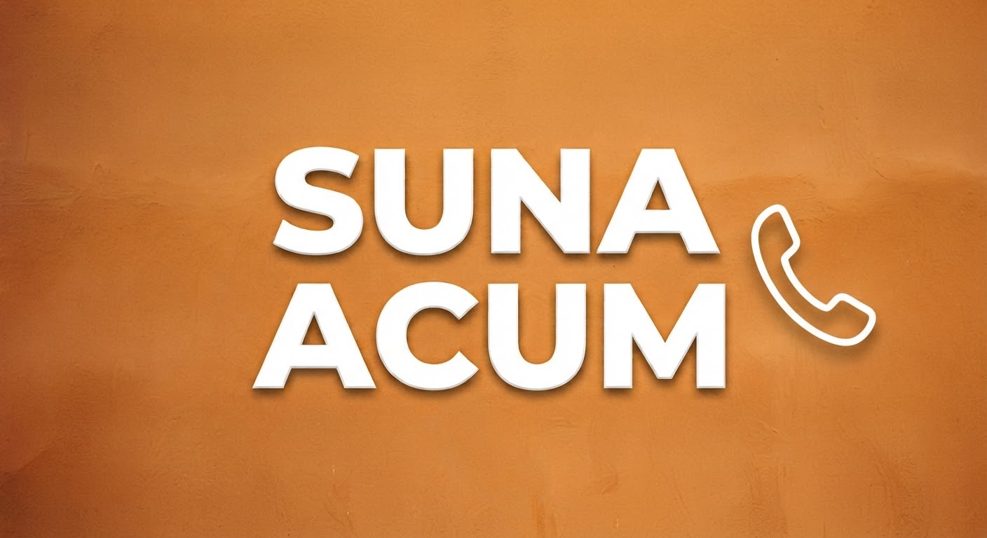 Text „SUNA ACUM” cu contur alb și pictogramă telefon pe fundal portocaliu texturat.